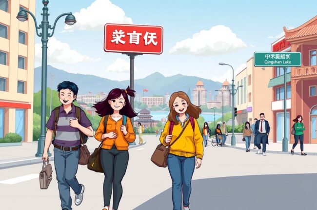 Foreigners walking near Qingshan Lake in Dexing for WeChat groups