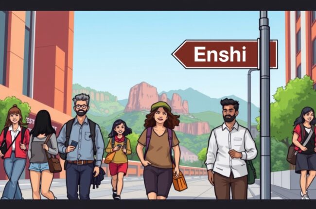 Foreigners walking near Enshi Grand Canyon landmark for local WeChat groups.