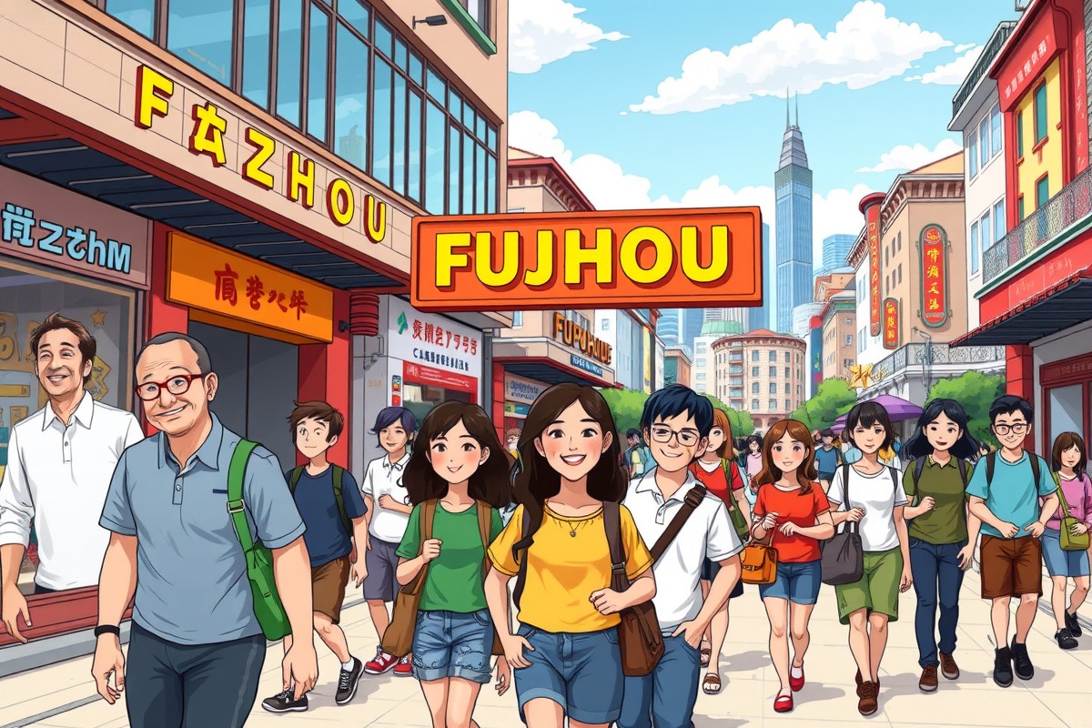Expats walking near a landmark in Fuzhou 抚州市, Jiangxi 江西, joining local WeChat groups.