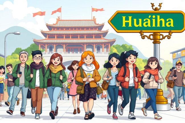 Foreigners walking near Furong Town landmark in Huaihua for local WeChat groups.