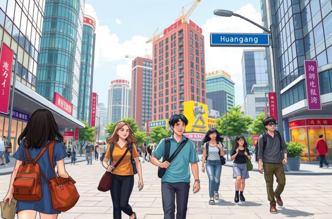 Foreigners walking near the Yellow Crane Tower in Huanggang 黄冈市, Hubei 湖北.