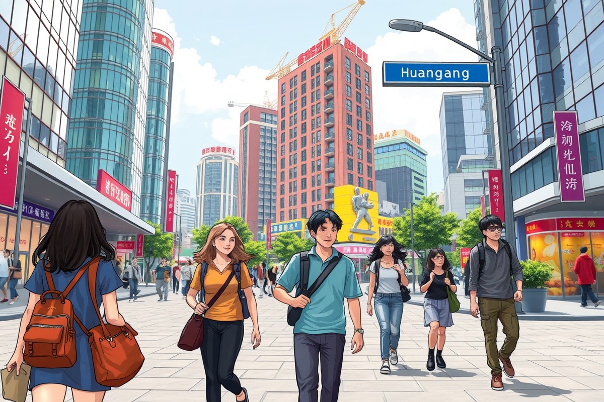 Foreigners walking near the Yellow Crane Tower in Huanggang 黄冈市, Hubei 湖北.