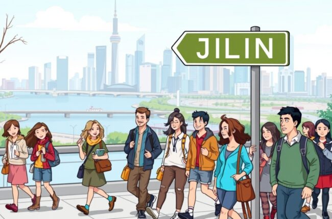 Foreigners walking near Songhua River landmark in Jilin City for WeChat groups.