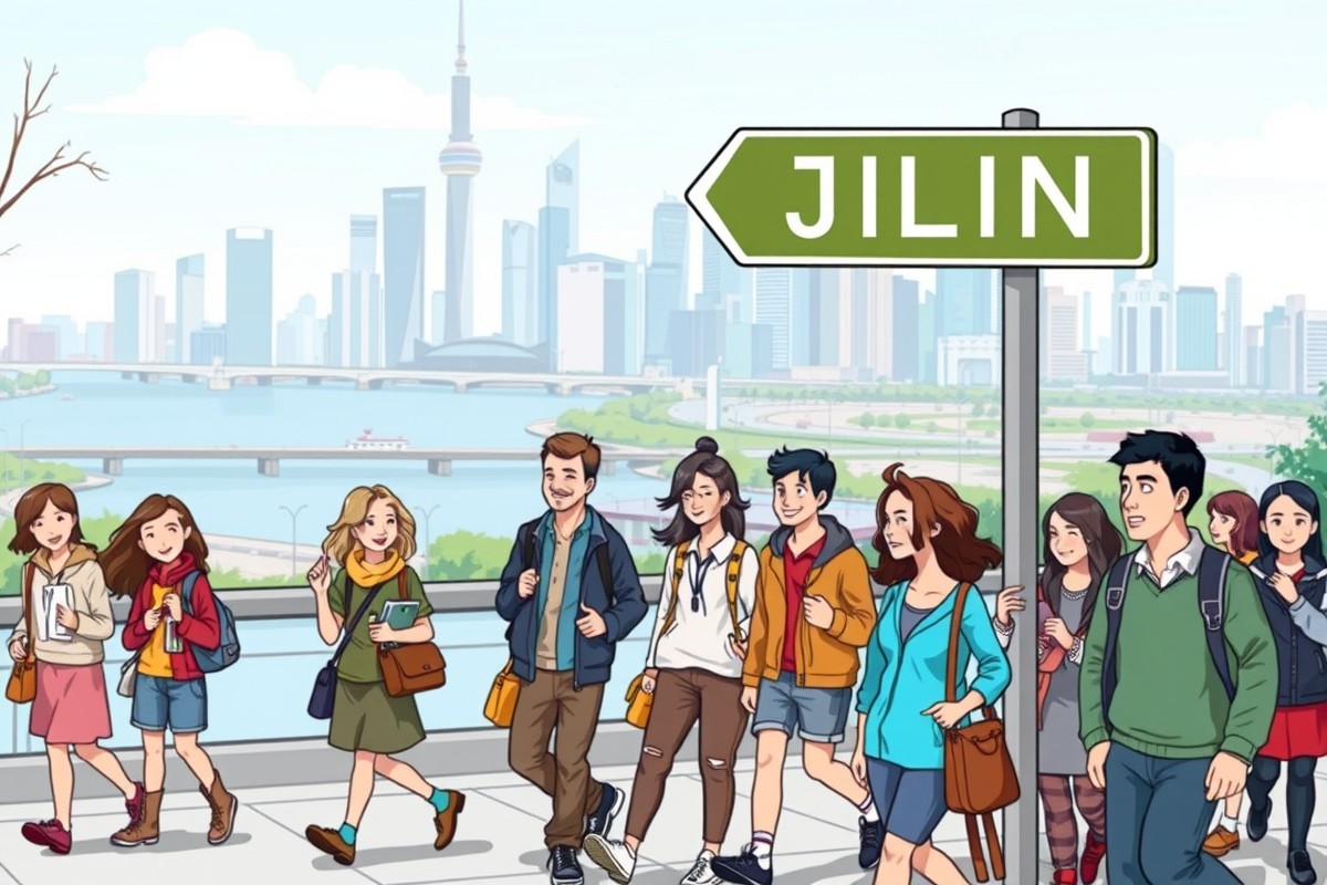 Foreigners walking near Songhua River landmark in Jilin City for WeChat groups.