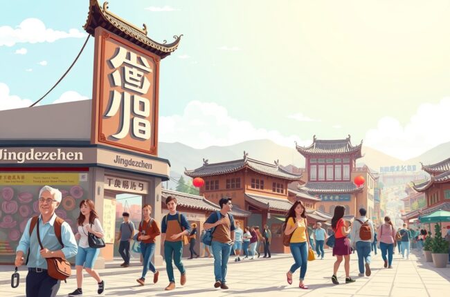Foreigners walking near the Imperial Kilns in Jingdezhen for WeChat groups.