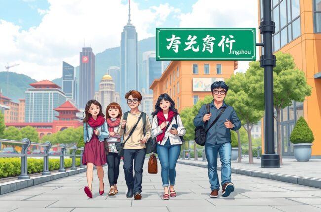 Foreigners walking in Jingzhou city, Hubei Province.