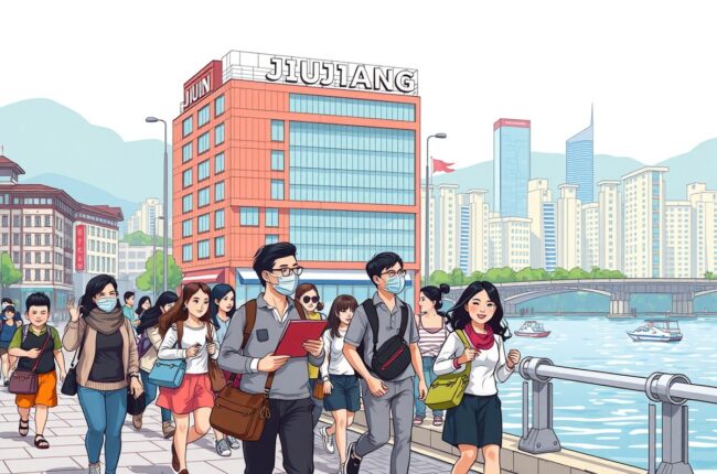 Foreigners walking near the Gan River in Jiujiang to join local WeChat groups.