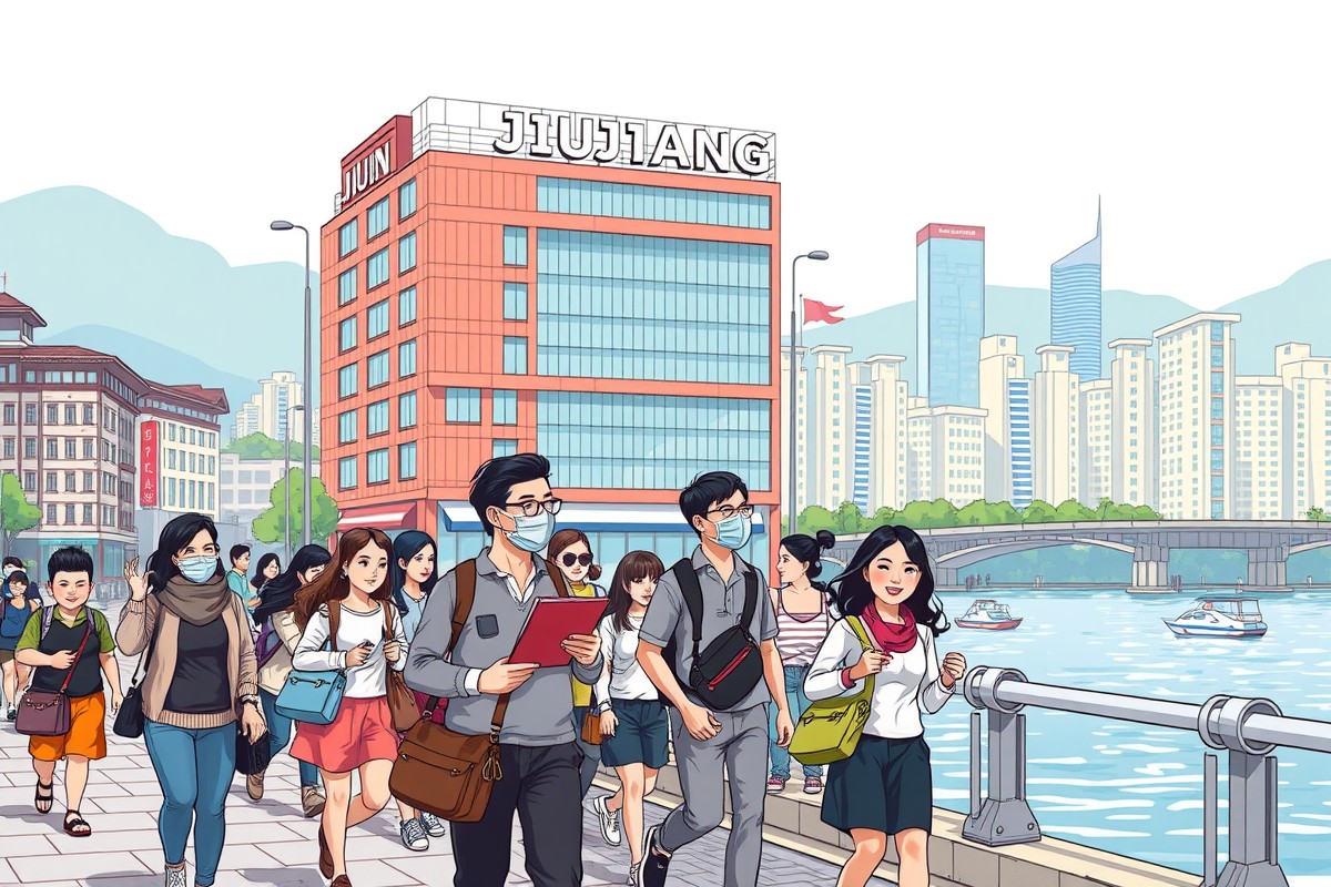 Foreigners walking near the Gan River in Jiujiang to join local WeChat groups.