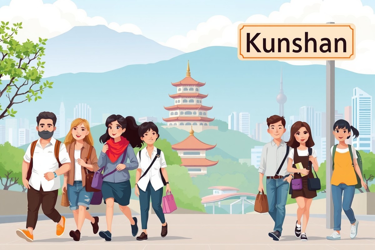 Foreigners walking near Kunshan landmark for WeChat groups