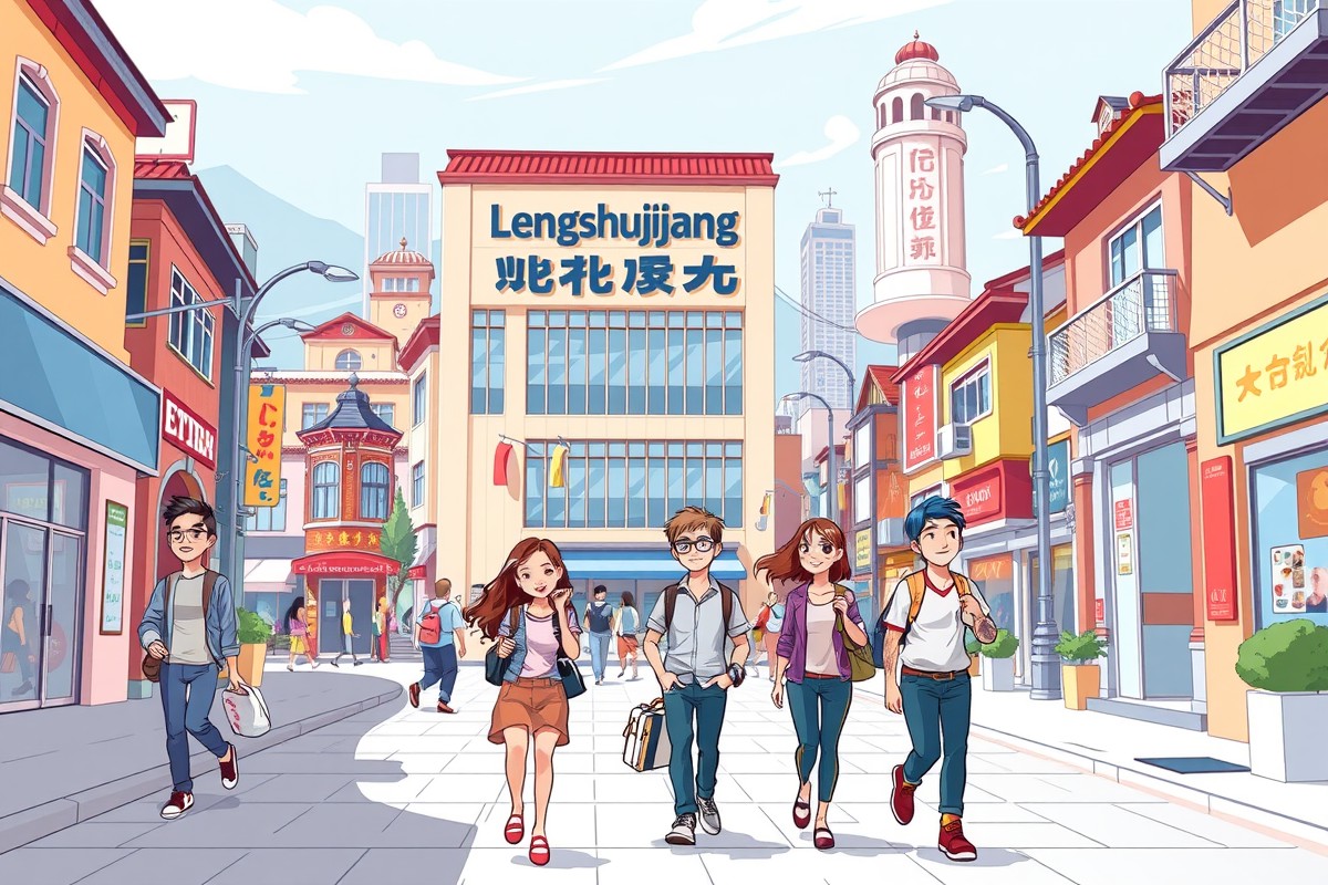 Foreigners walking near a landmark in Lengshuijiang, Hunan, to join local WeChat groups.
