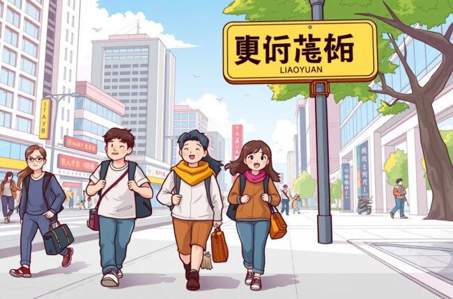 Foreigners walking near a landmark in Liaoyuan city for WeChat groups.