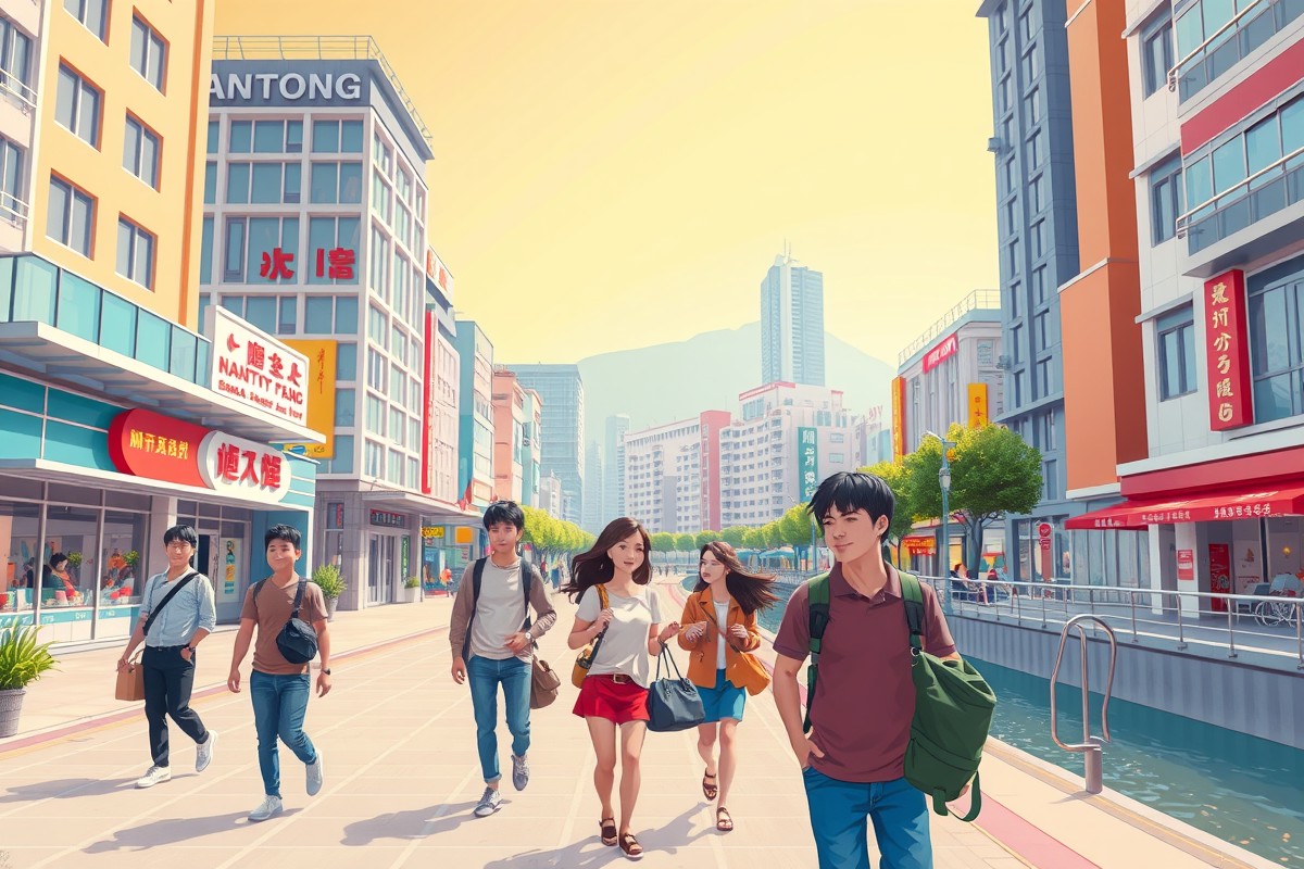 Foreigners walking near a landmark in Nantong for the local WeChat groups.