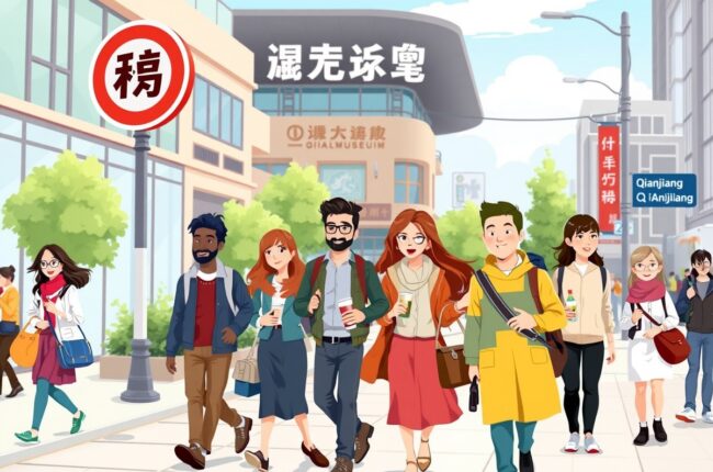 Foreigners walking near Qianjiang Museum landmark for local WeChat groups.