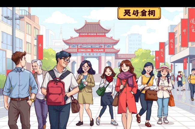 Foreigners walking near Gongqing Square in Ruijin for local WeChat groups.