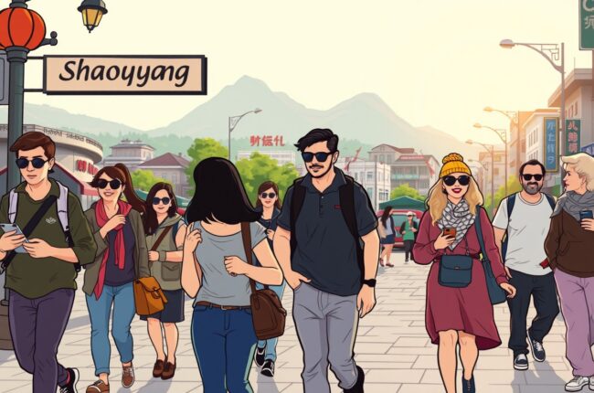 Foreigners walking in Shaoyang city near Yunmeng Mountain for WeChat groups