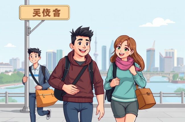 Foreigners walking near the Songhua River landmark in Songyuan for WeChat groups.