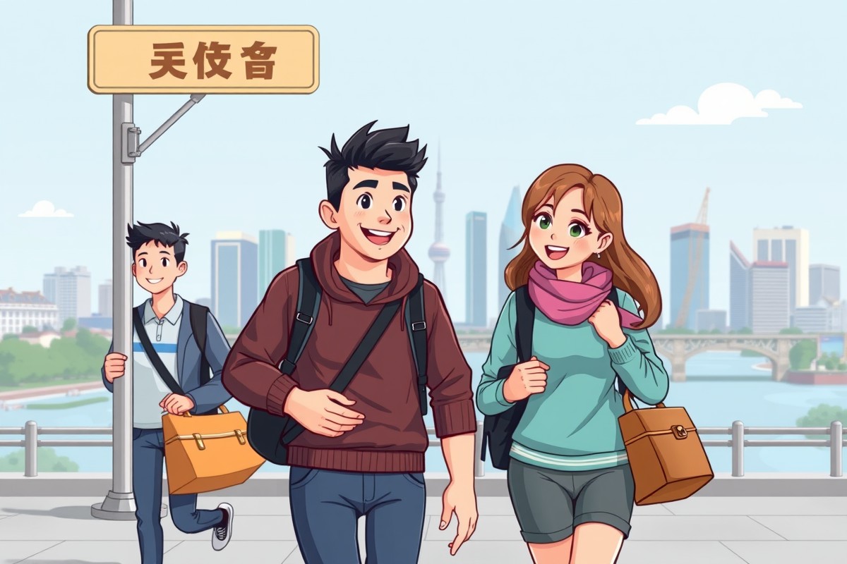 Foreigners walking near the Songhua River landmark in Songyuan for WeChat groups.