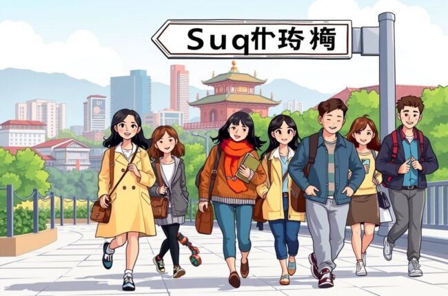 Foreigners walking near Suqian landmark for WeChat groups