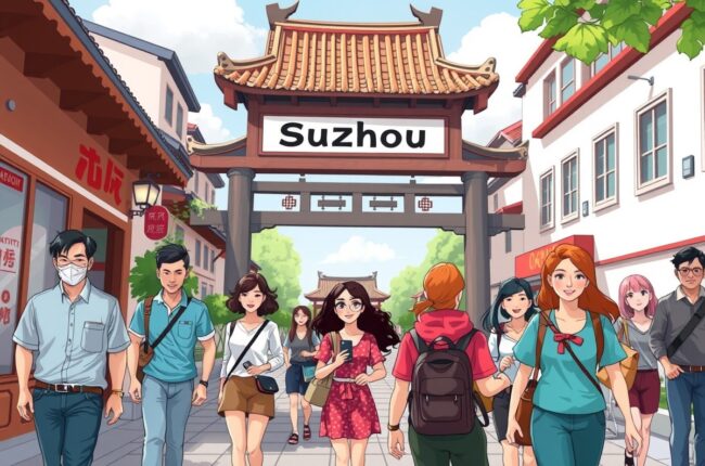 Foreigners walking near the Humble Administrator's Garden in Suzhou for WeChat groups.