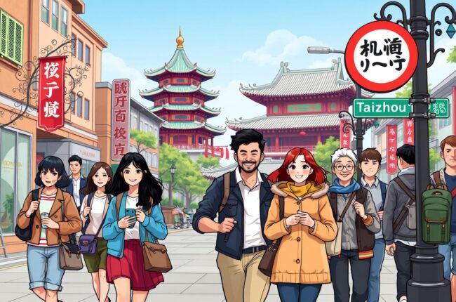 Foreigners walking near Bao'en Temple Pagoda in Taizhou, Jiangsu, representing local WeChat groups for expats.