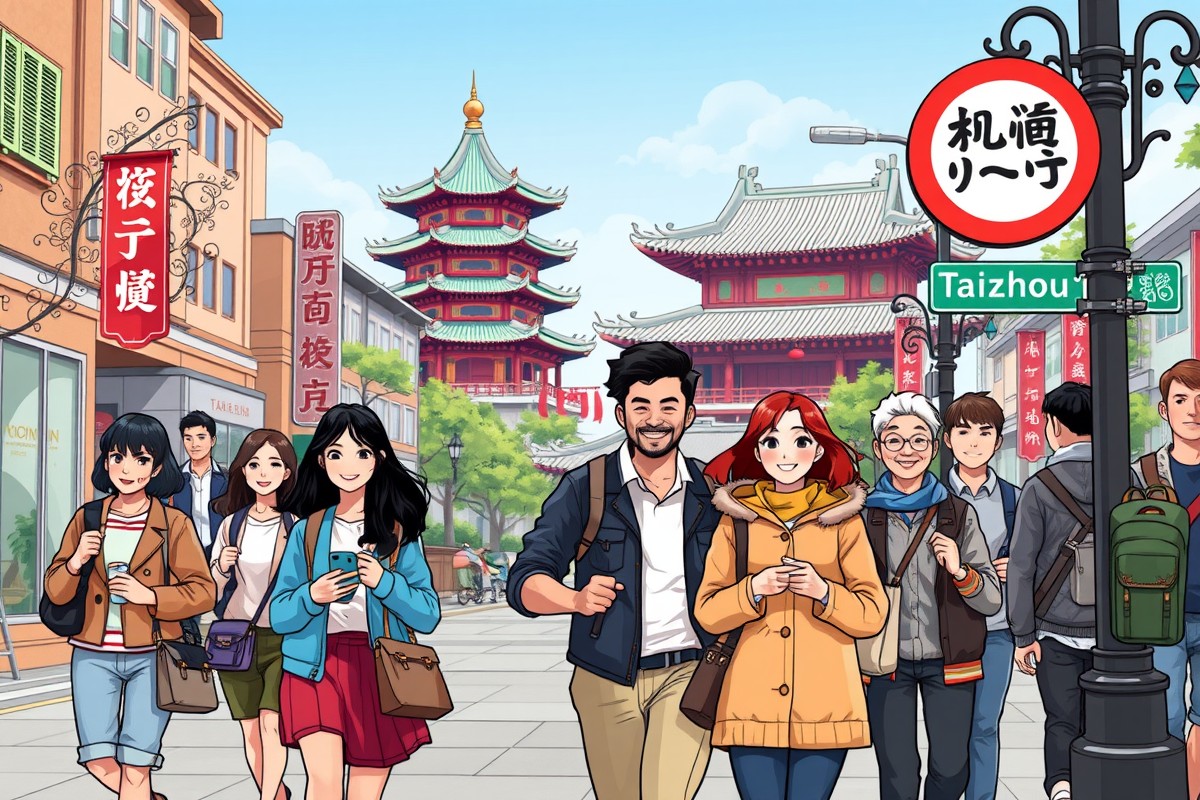 Foreigners walking near Bao'en Temple Pagoda in Taizhou, Jiangsu, representing local WeChat groups for expats.
