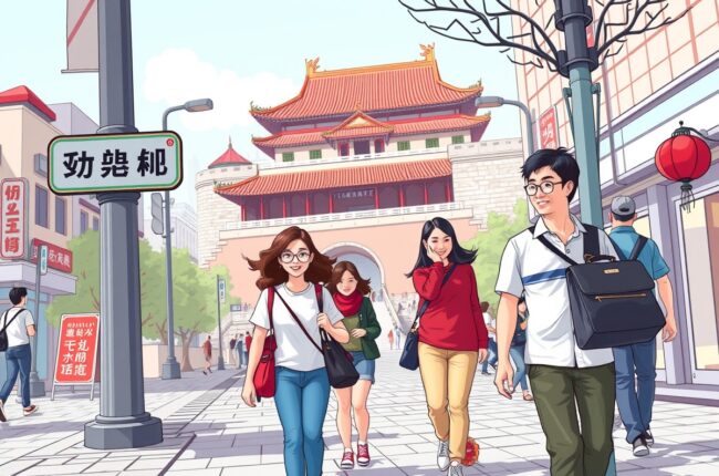 Foreigners walking near Tianmen City Wall landmark for local WeChat groups.
