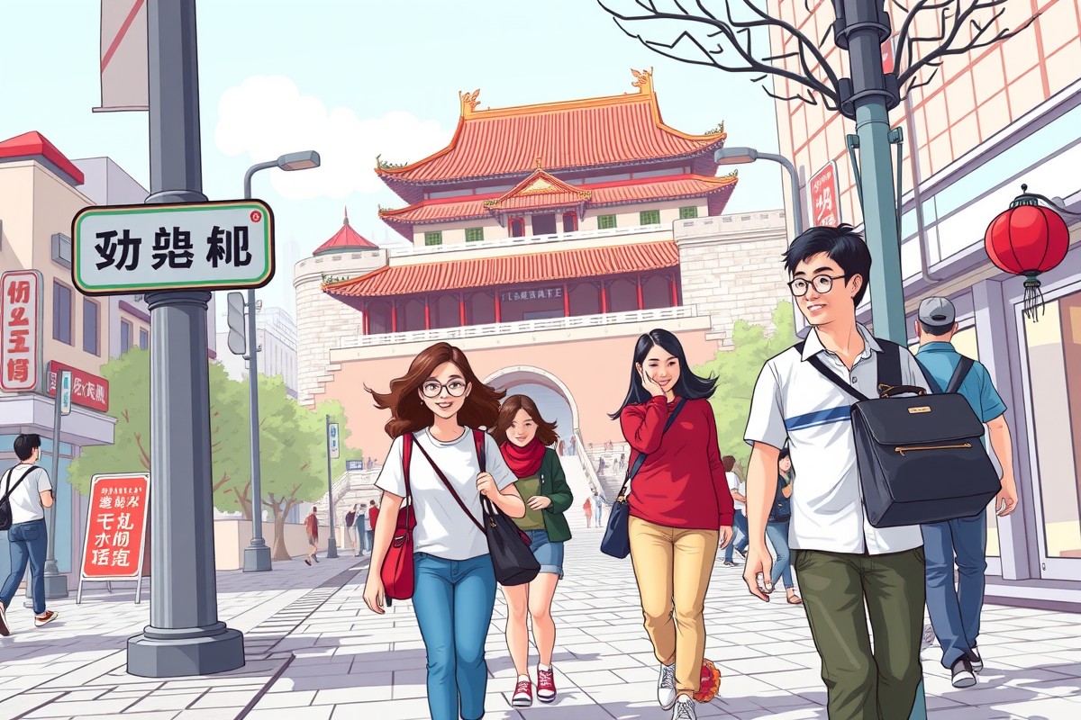 Foreigners walking near Tianmen City Wall landmark for local WeChat groups.