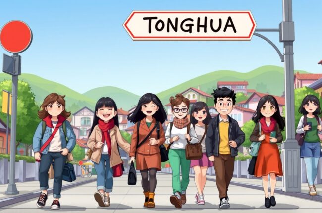 Foreigners walking near a landmark in Tonghua city center for WeChat groups.