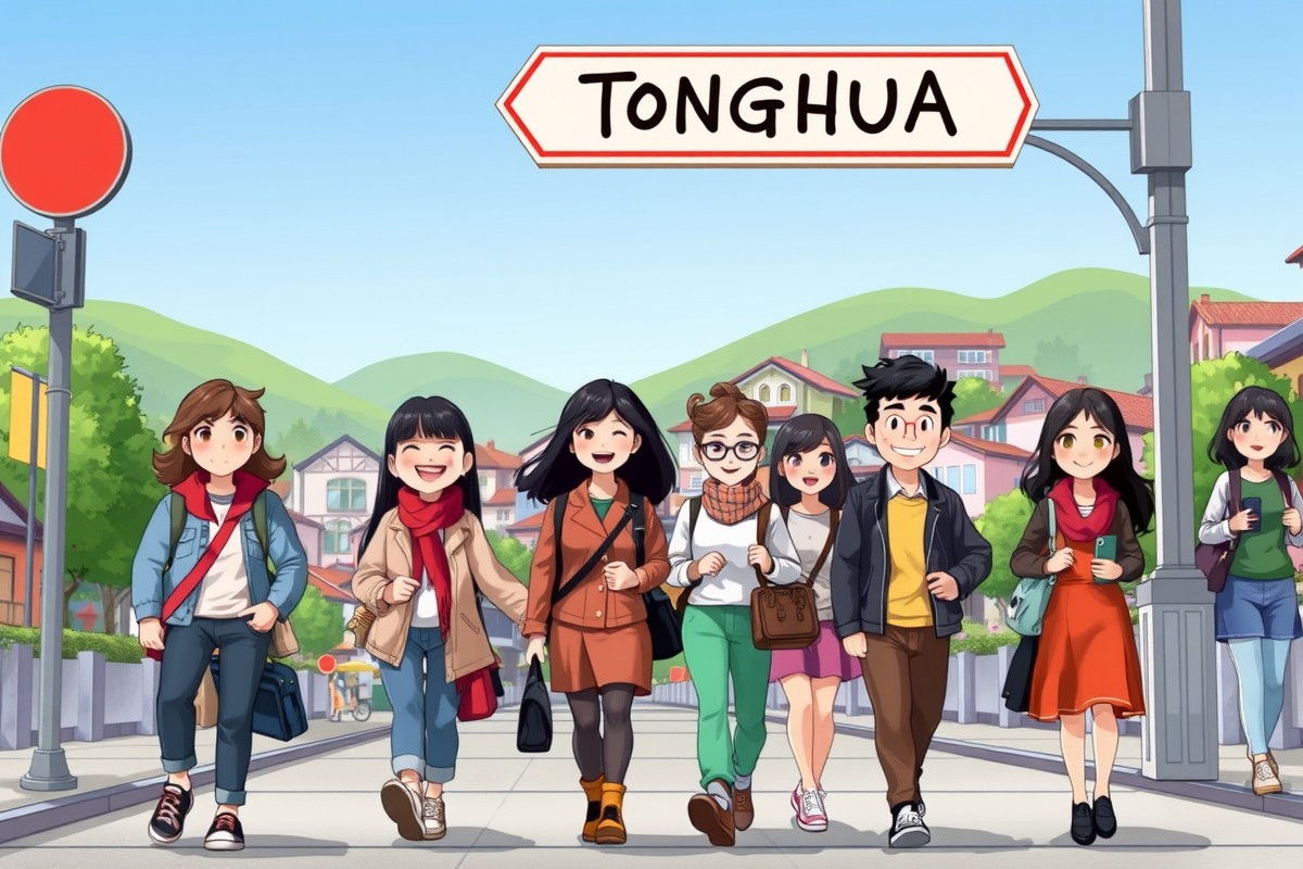 Foreigners walking near a landmark in Tonghua city center for WeChat groups.