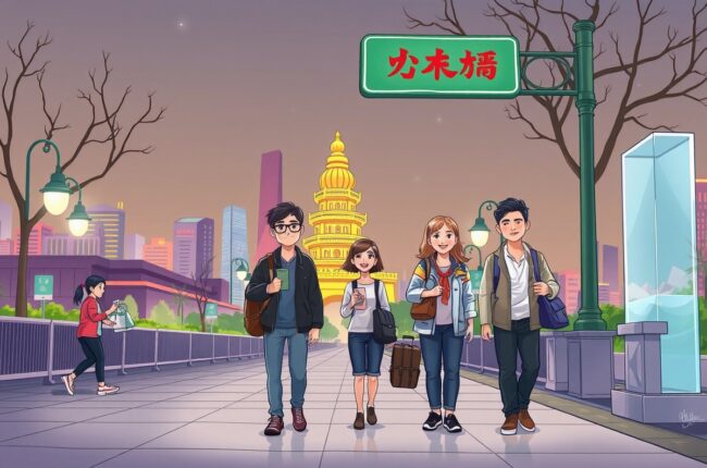 Foreigners walking in Xiangtan city, Hunan province, near a landmark.