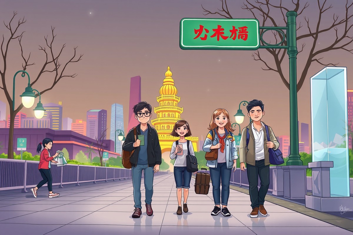 Foreigners walking in Xiangtan city, Hunan province, near a landmark.