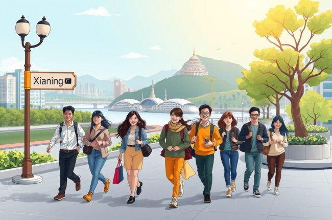 Foreigners walking in Xianning, near Xiaochang Lake