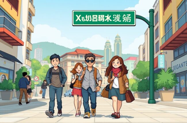 Foreigners walking near a landmark in Xiantao city for WeChat groups.