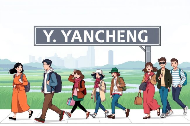 Foreigners walking near Yancheng Wetlands landmark for WeChat groups