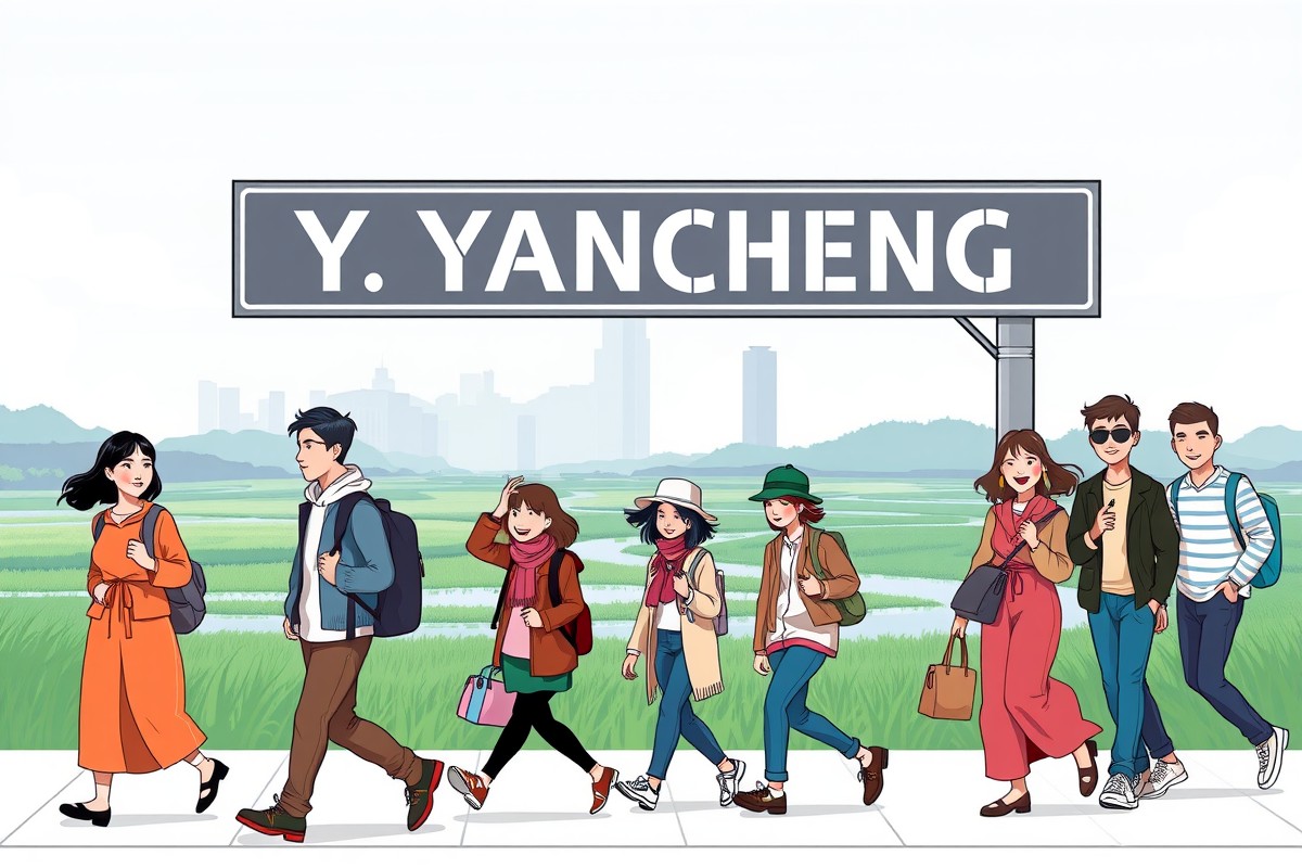 Foreigners walking near Yancheng Wetlands landmark for WeChat groups