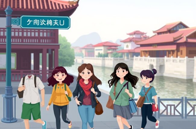 Foreigners walking near Slender West Lake in Yangzhou for WeChat groups.