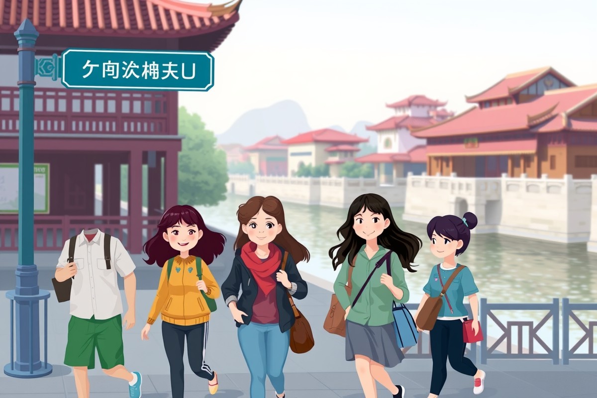 Foreigners walking near Slender West Lake in Yangzhou for WeChat groups.