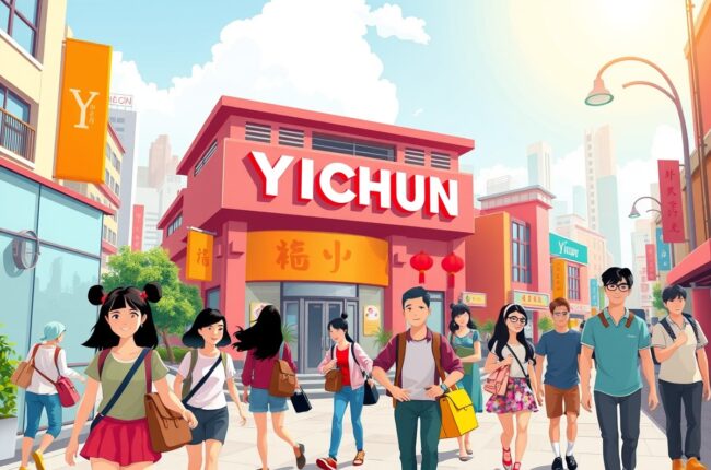 Foreigners walking near a landmark in Yichun for the local WeChat groups.