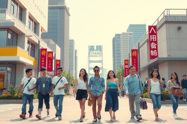 Foreigners walking in Yiyang city near the Yiyang Bridge for WeChat groups