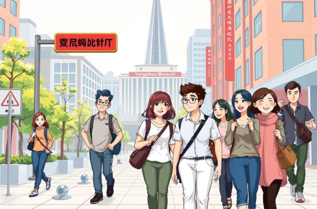 Foreigners walking near Yongzhou Museum landmark for local WeChat groups