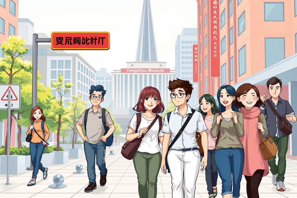 Foreigners walking near Yongzhou Museum landmark for local WeChat groups