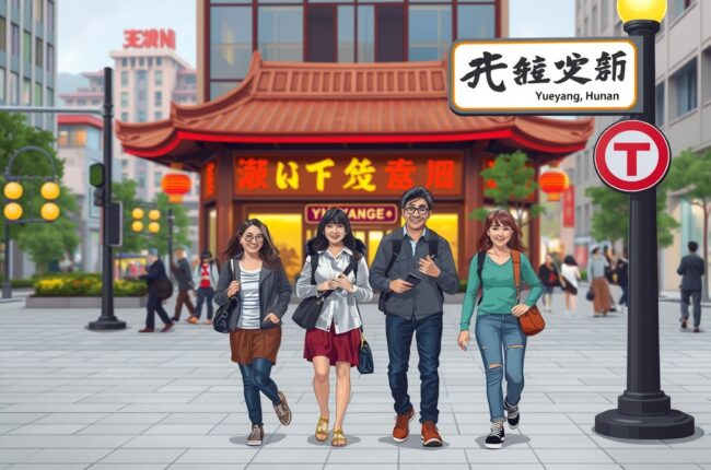 Foreigners walking in Yueyang, near Dongting Lake for WeChat groups.