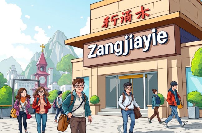 Foreigners walking through Zhangjiajie city near a landmark, promoting local WeChat groups.